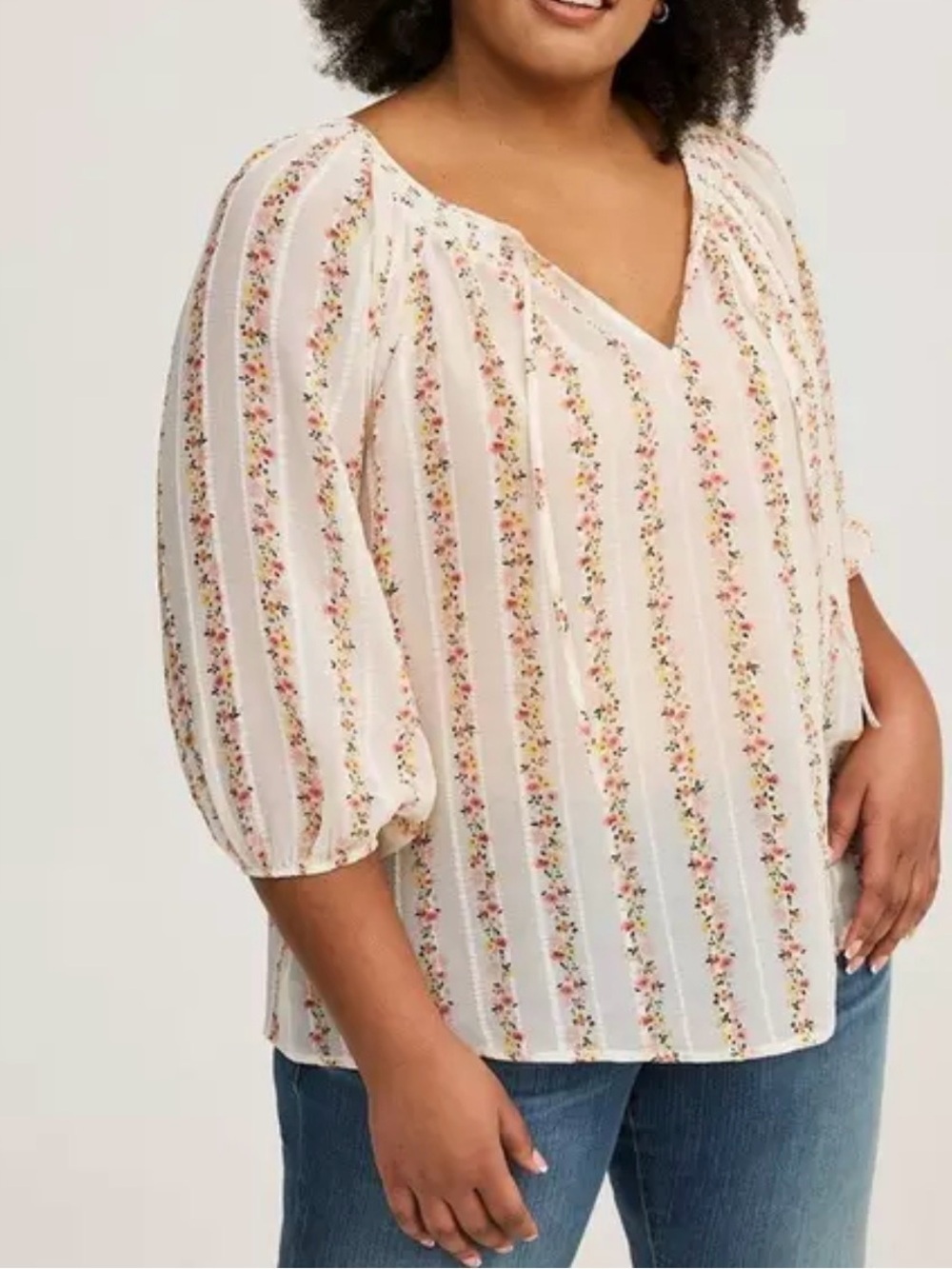 Torrid Floral Stripe Peasant Blouse tie top, slight sheer NWT Size 3X